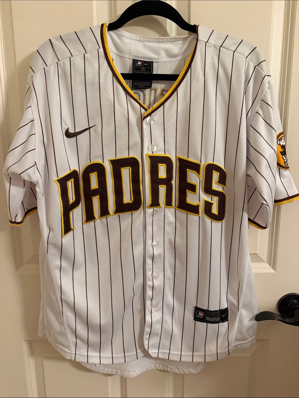 Nike White Tatis Jr Padres Pinstripe Baseball Jersey with Brown and Gold Accents
